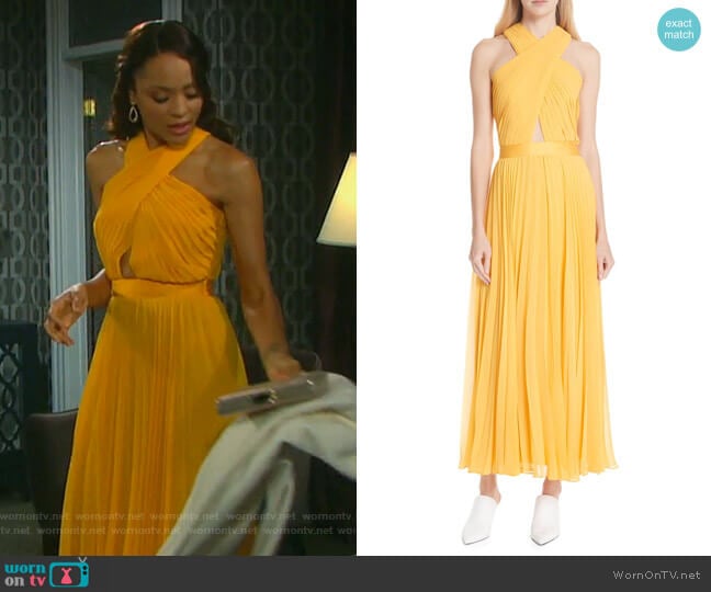 WornOnTV Lani s yellow pleated halter neck dress on Days of our Lives Sal Stowers Clothes and Wardrobe from TV