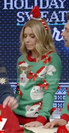 Kelly’s green cat print ugly christmas sweater on Live with Kelly and Ryan
