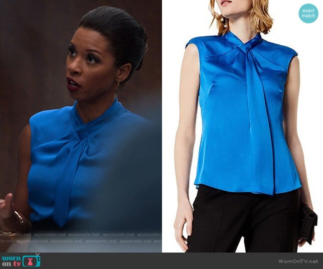 Draped Cap Sleeve Top by Karen Millen worn by Catherine Wilder (Angel Parker) on Marvels Runaways