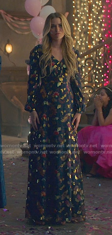 Karolina's metallic floral maxi dress on Marvel's Runaways