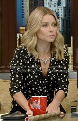 Kelly’s black moon and star print blouse on Live with Kelly and Ryan