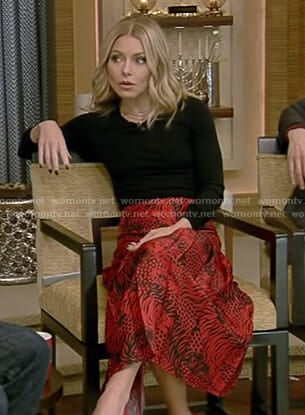 Kelly’s red printed midi skirt on Live with Kelly and Ryan