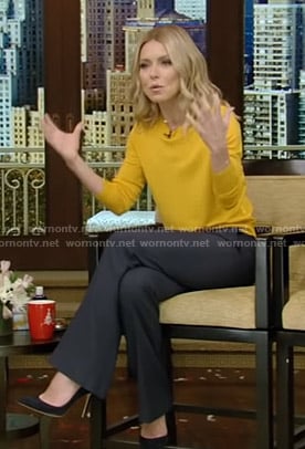 Kelly's yellow sweater and button front pants on Live with Kelly and Ryan