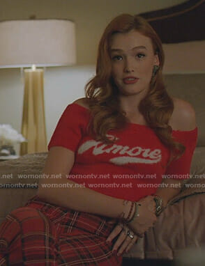 Kirby’s red Amore top and plaid pants on Dynasty