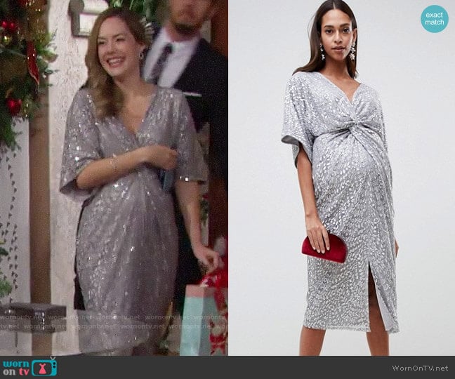 Little Mistress Maternity all over sequin knot front midi dress in silver worn by Hope Logan (Annika Noelle) on The Bold and the Beautiful