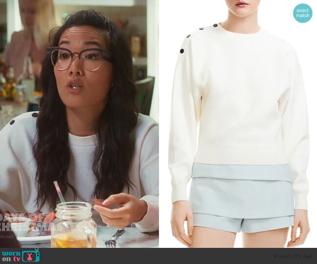 Marlina Cropped Shoulder-Snap Sweater by Maje worn by Doris (Ali Wong) on American Housewife