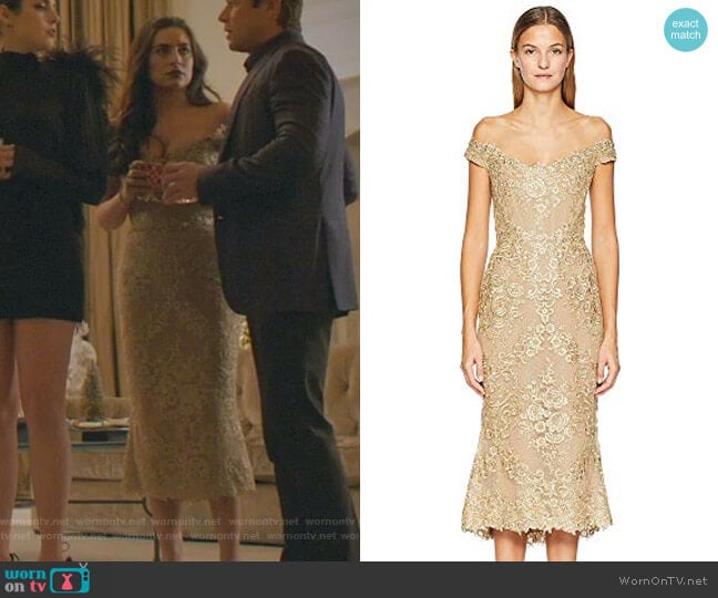 WornOnTV: Cristal’s gold off-shoulder lace dress on Dynasty | Daniella ...