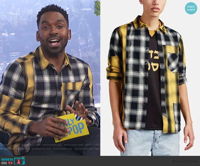 Appliquéd Patchwork Plaid Flannel Shirt by Ovadia & Sons worn by Justin Sylvester on E! News