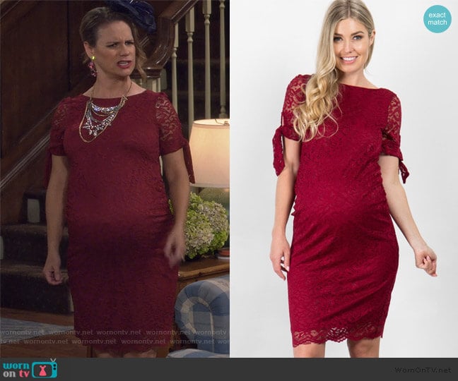 Lace Overlay Sleeve Tie Fitted Maternity Dress by Pink Blush worn by Kimmy Gibbler (Andrea Barber) on Fuller House