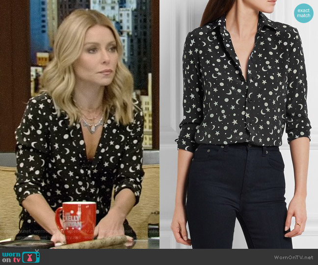 Print Silk Crepe De Chine Shirt by Saint Laurent worn by Kelly Ripa on Live with Kelly and Mark