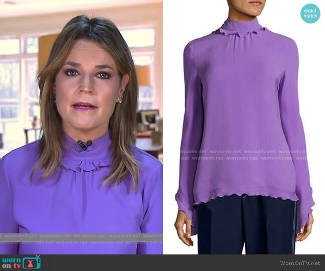 WornOnTV: Savannah’s purple ruffle mock neck top on Today | Savannah ...