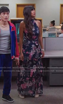 Tahani’s navy floral maxi dress on The Good Place