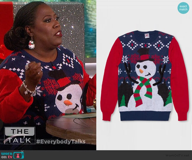 Ring Toss Snowman Ugly Christmas Sweater by Well Worn at Target worn by Sheryl Underwood on The Talk