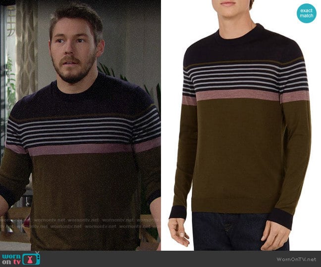 Ted Baker Giantbu Striped Crewneck Sweater worn by Liam Spencer (Scott Clifton) on The Bold and the Beautiful