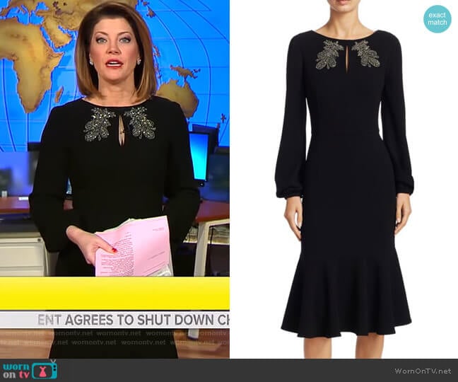 Embellished Long-Sleeve Dress by Teri Jon by Rickie Freeman worn by Norah O'Donnell on CBS Mornings