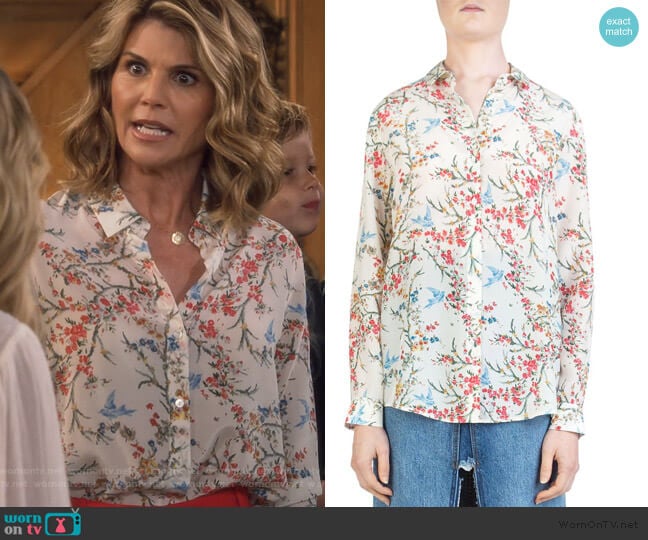 White Bird Avian & Floral-Print Silk Shirt by The Kooples  worn by Rebecca Katsopolis (Lori Loughlin) on Fuller House