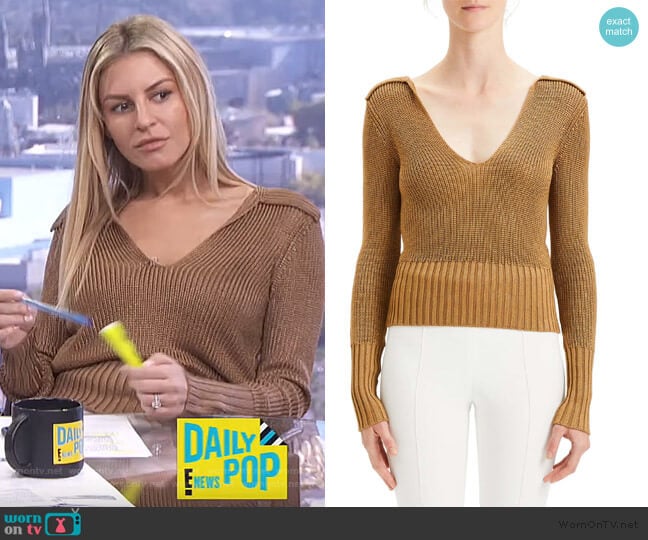 Back Collar Ribbed Plunge Neck Sweater by Theory worn by Morgan Stewart on E! News