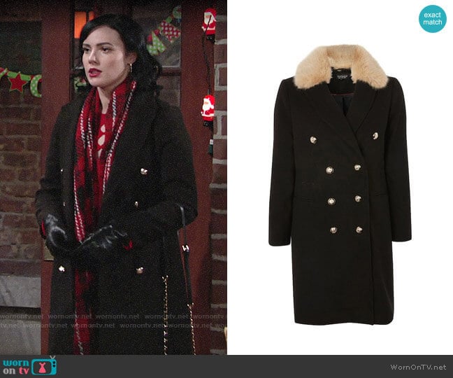 Topshop Nina Faux Fur Collar Double Breasted Coat worn by Tessa Porter (Cait Fairbanks) on The Young and the Restless