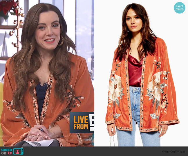 Velvet Embroidered Kimono by Topshop worn by Melanie Bromley on E! News