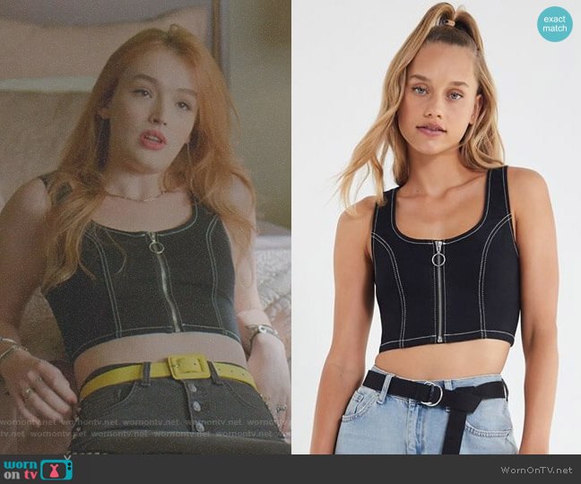 Sierra Denim Zip-Front Cropped Top by Urban Outfitters worn by Kirby Anders (Maddison Brown) on Dynasty