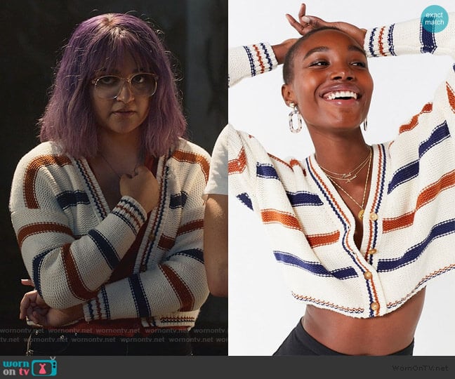 Aiden Striped Button-Down Cardigan by Urban Outfitters worn by Gert Yorkes (Ariela Barer) on Marvels Runaways