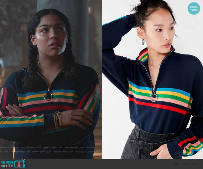 Oversized Striped Half-Zip Sweater by Urban Outfitters worn by Molly Hernandez (Allegra Acosta) on Marvels Runaways