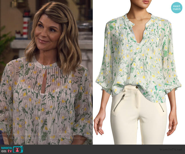 Walker Pintucked Silk Blouse by Veronica Beard worn by Rebecca Katsopolis (Lori Loughlin) on Fuller House