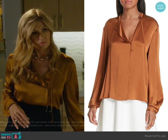 Tie Neck Silk Popover Blouse by Vince worn by Debra Newell (Connie Britton) on Dirty John