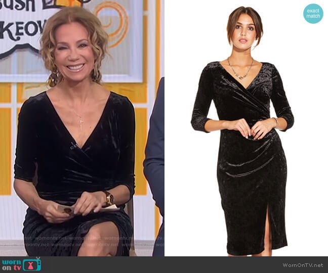 Velvet Faux Wrap Dress with Asymmetrical Slit by Adrianna Papell worn by Kathie Lee Gifford on Today