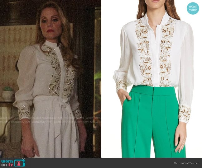 Alice + Olivia Zita Embellished Tuxedo Shirt worn by Charity (Virginia Williams) on Charmed