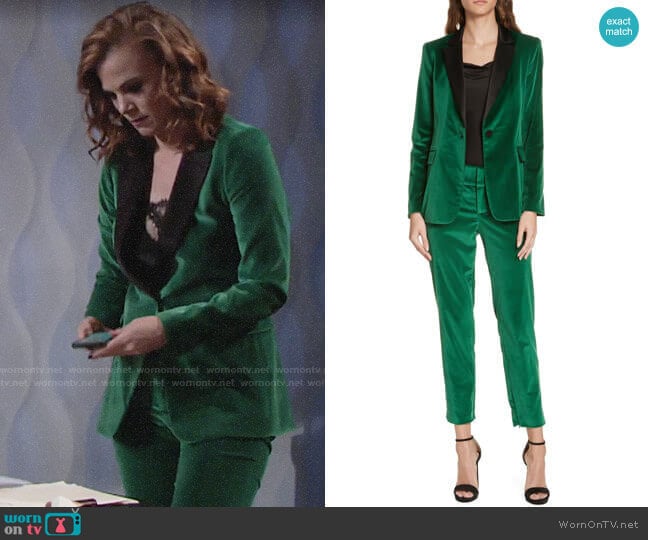 Alice + Olivia Macey Velvet Blazer and Stacey Velvet Pants worn by Phyllis Newman (Gina Tognoni) on The Young and the Restless