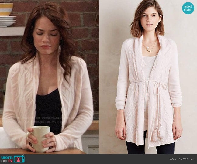 Sleeping on Snow Belted Cashmere Cardigan at Anthropologie worn by Elizabeth Webber (Rebecca Herbst) on General Hospital