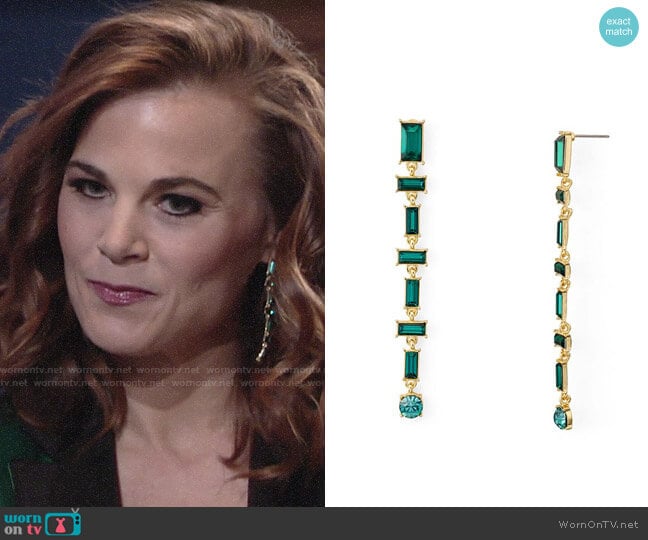 Aqua Baguette Linear Drop Earrings  worn by Phyllis Newman (Gina Tognoni) on The Young and the Restless