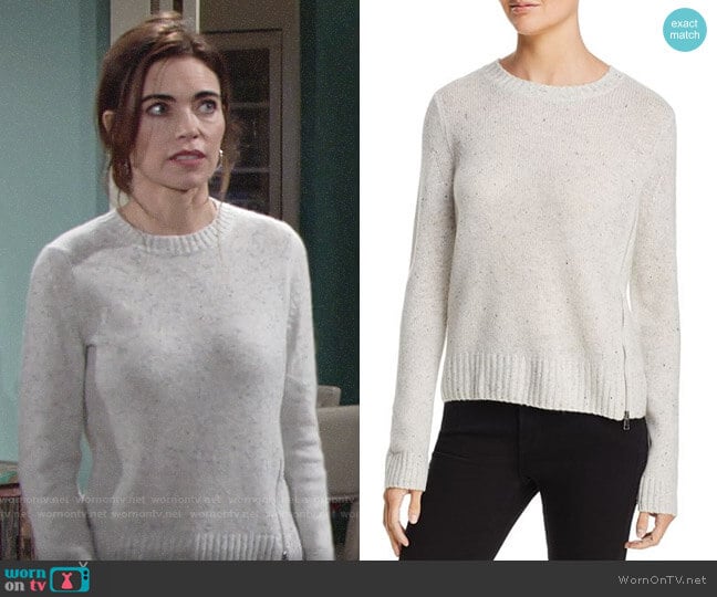 Aqua Zip Detail Donegal Cashmere Sweater in Ash Nep worn by Victoria Newman (Amelia Heinle) on The Young and the Restless