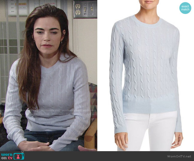 Aqua Cable Crewneck Cashmere Sweater in Sky Blue worn by Victoria Newman (Amelia Heinle) on The Young and the Restless