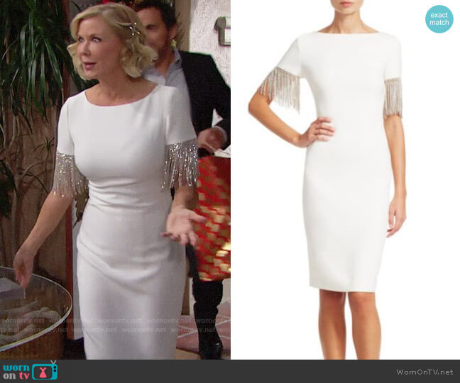 Badgley Mischka Crystal Fringe-Sleeve Sheath Dress worn by Brooke Logan (Katherine Kelly Lang) on The Bold and the Beautiful