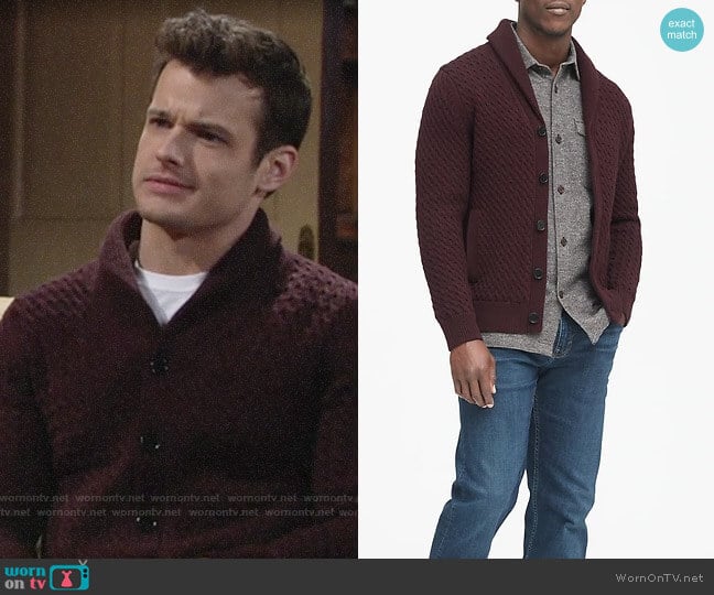 Banana Republic Cotton Cable-Knit Cardigan Sweater worn by Kyle Abbott (Michael Mealor) on The Young and the Restless