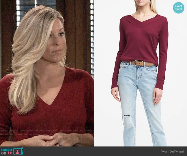 Banana Republic Silk Cashmere Varsity Sweater worn by Carly Spencer (Laura Wright) on General Hospital