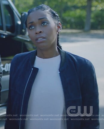 Anissa’s blue suede bomber jacket on Black Lightning