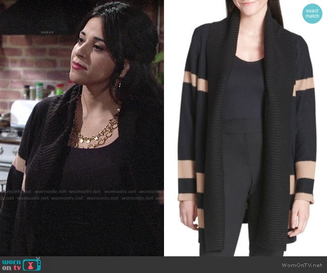 Calvin Klein Striped Long-Sleeve Wool Blend Cardigan worn by Mia Rosales (Noemi Gonzalez) on The Young and the Restless