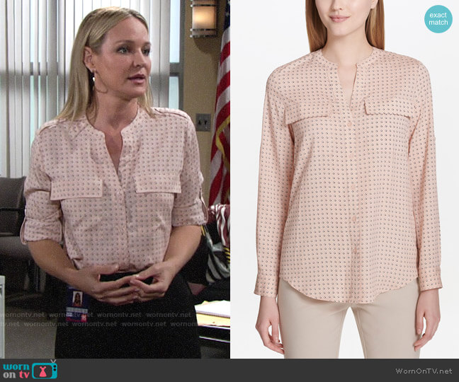 Calvin Klein Split-Neck Printed Top in Blush Dot worn by Sharon Newman (Sharon Case) on The Young and the Restless