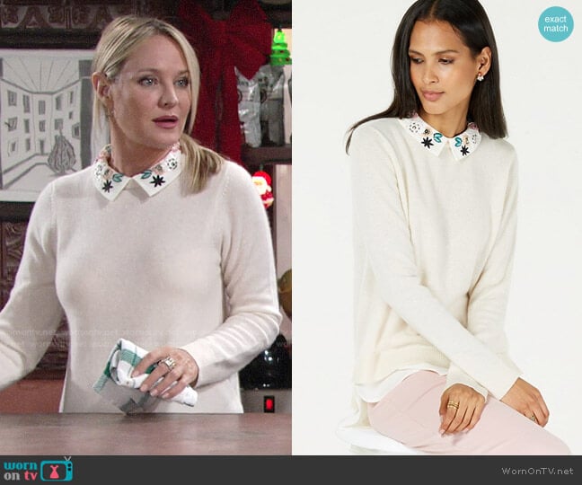 Charter Club Pure Cashmere Layered Look Sweater with Floral Collar worn by Sharon Newman (Sharon Case) on The Young and the Restless