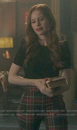 Cheryl's black ruffled shoulder top and plaid pants on Riverdale