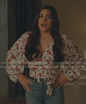 Cristal's white floral wrap blouse on Dynasty