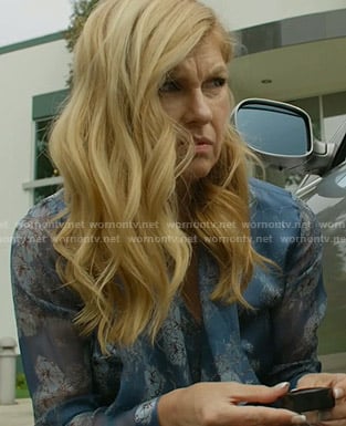 Debra's blue floral tie neck blouse on Dirty John