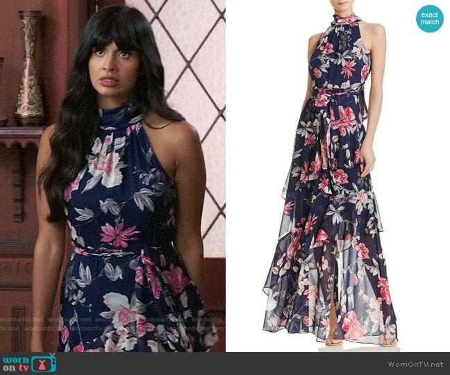 Tiered Floral Gown by Eliza J worn by Tahani Al-Jamil (Jameela Jamil) on The Good Place