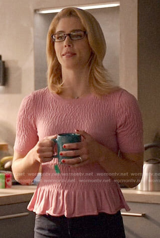 Felicity's pink ruffled top on Arrow
