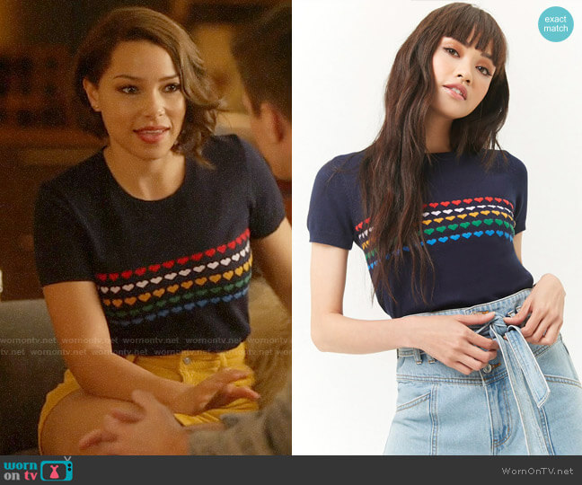 Forever 21 Multicolor Hearts Sweater-Knit Top worn by Nora West-Allen (Jessica Parker Kennedy) on The Flash