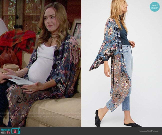 Free People Little Wing Mix Print Kimono worn by Hope Logan (Annika Noelle) on The Bold and the Beautiful