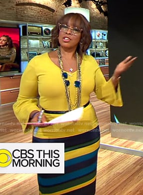 Gayle’s yellow bell sleeve top and striped pencil skirt on CBS This Morning